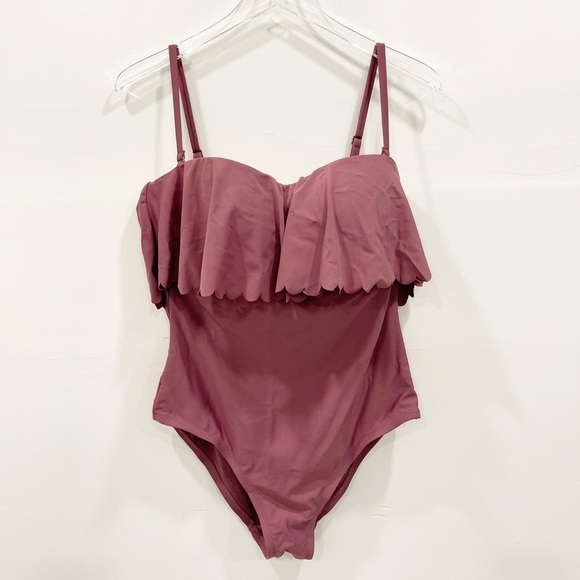 Kona Sol Scalloped Flounce Medium Coverage One Piece Swimsuit Mulberry Modest L - Picture 2 of 8